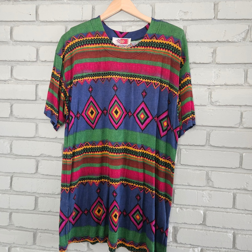 Vintage Pronto Moda Trend T-Shirt Made in Italy Tribal Geometric Print XL Womens